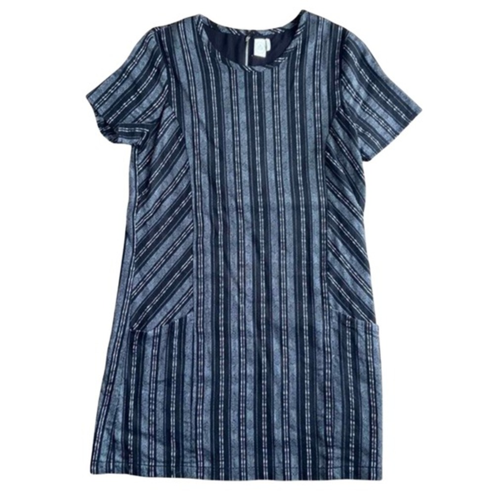 Paper Crane Womens Large Navy Blue Striped Linen Cotton Shift Dress with Pockets